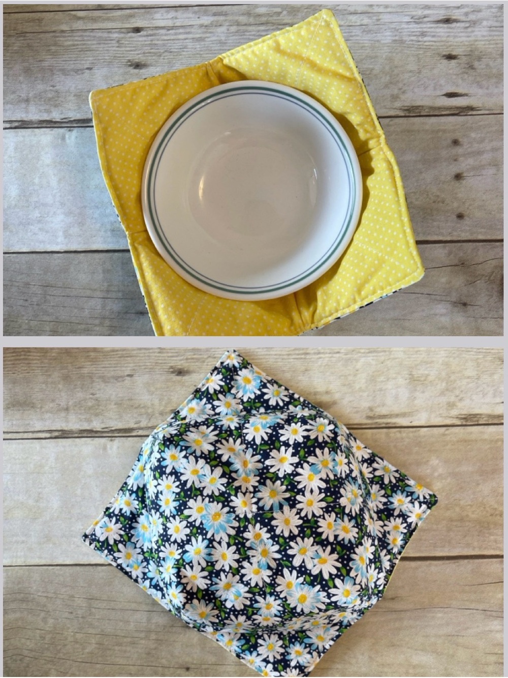 Microwave /Ice Cream Bowl Cozy Daisies Cotton Both Sides Fabric Bowl